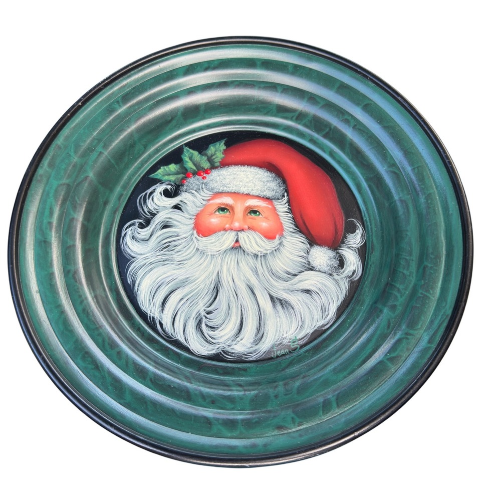 Reed & Barton Silverplate Plate Hand Painted Santa Signed Green Christmas 10in‎